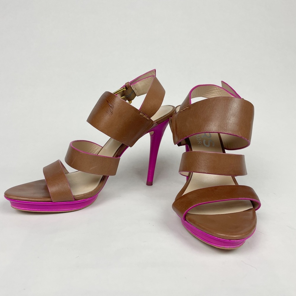 Michael Kors Leather Sandal Luggage Brown with Fuchsia Size 6 US
